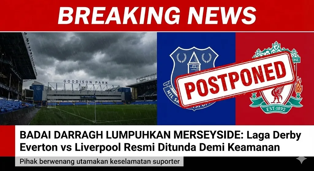 Badai Darragh Lumpuhkan Merseyside: Laga Derby Everton vs Liverpool Resmi Ditunda Demi Keamanan