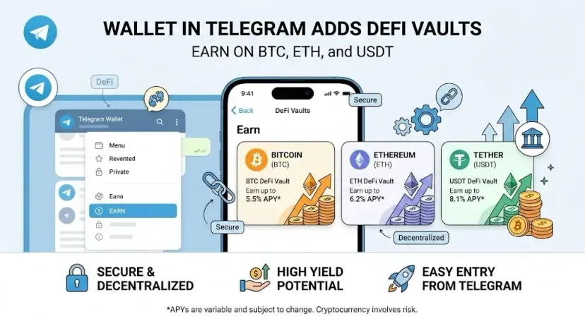 Telegram Wallet Resmi Jadi Gerbang DeFi: Vaults Baru Hadirkan Imbal Hasil hingga 18% untuk BTC, ETH, dan USDT
