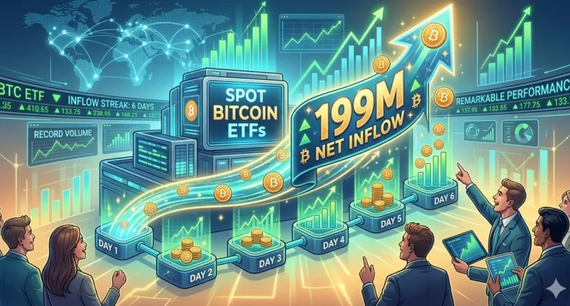 ETF Bitcoin Spot Cetak Rekor: Arus Masuk Bersih $199 Juta Selama Enam Hari Berturut-turut