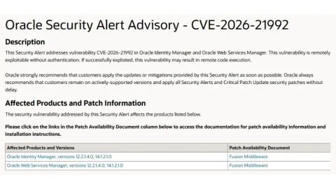 Waspada Serangan: Oracle Rilis Patch Darurat Tutup Celah RCE Kritis (CVE-2026-21992) di Identity Manager
