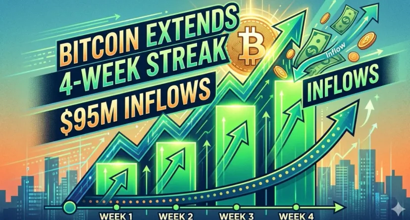 Dominasi Institusi: Bitcoin Catat Inflow $95 Juta, Perpanjang Rekor Kenaikan 4 Minggu