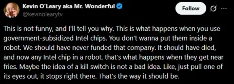 Kritik Pedas Kevin O'Leary: Sebut Chip Intel Hasil Subsidi Pemerintah Tak Layak untuk Robot