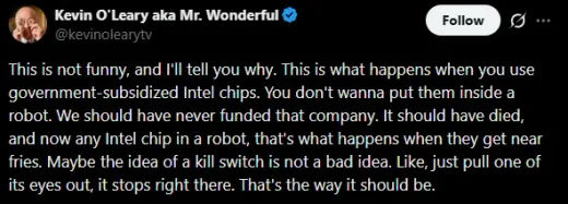 Kritik Pedas Kevin O'Leary: Sebut Chip Intel Hasil Subsidi Pemerintah Tak Layak untuk Robot