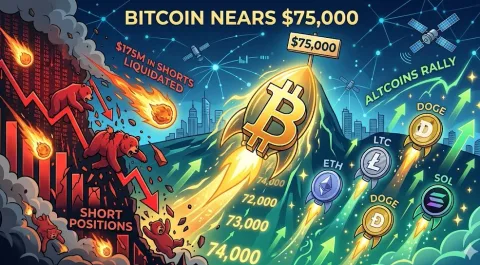 Ledakan Pasar: Bitcoin Dekati $75.000, Likuidasi Short Tembus $175 Juta