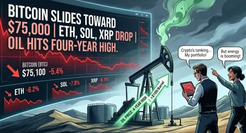 Guncangan Energi Global: Bitcoin Merosot ke $75.000 Sementara ETH, SOL, dan XRP Tertekan Lonjakan Harga Minyak di Tahun 2026