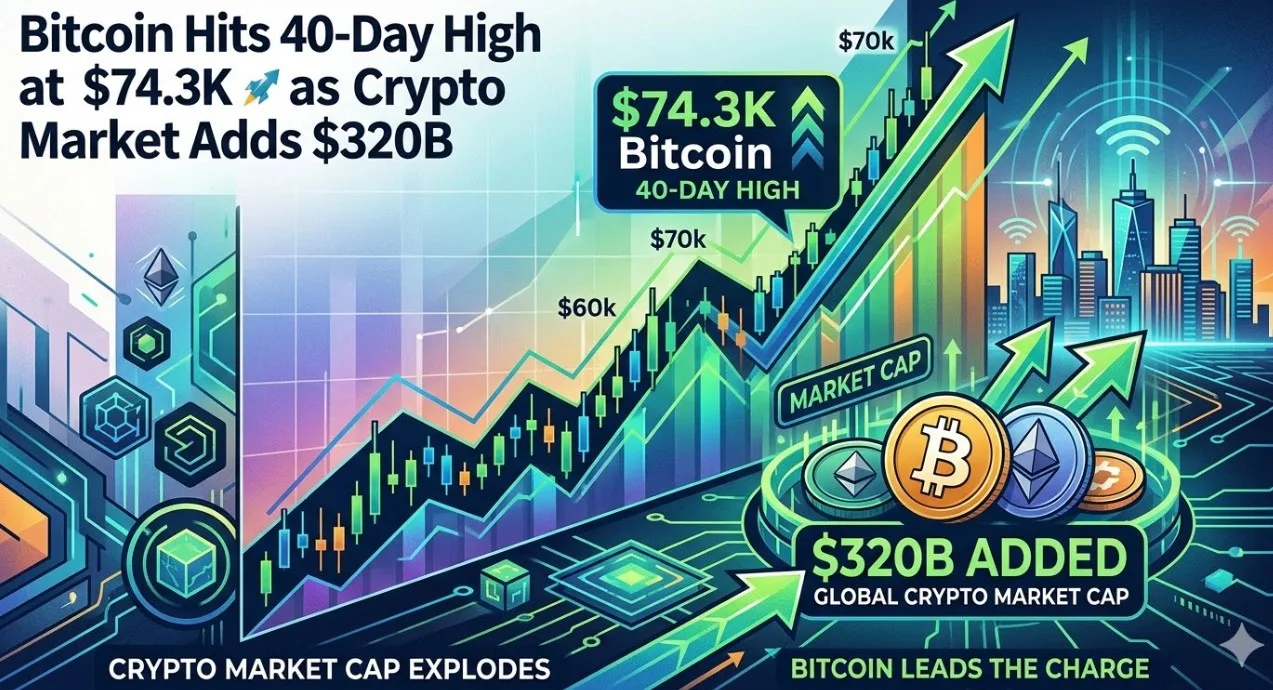 Bitcoin Tembus 74,3 Ribu Dolar: Level Tertinggi 40 Hari Saat Pasar Kripto Meroket 320 Miliar Dolar