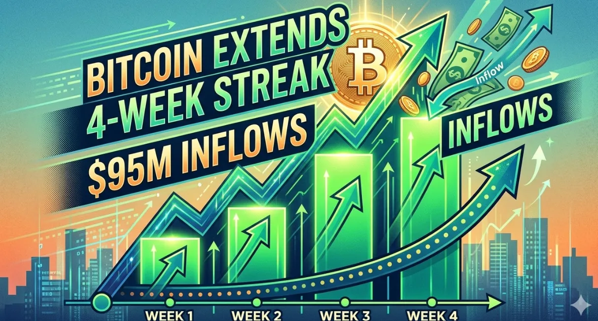 Dominasi Institusi: Bitcoin Catat Inflow $95 Juta, Perpanjang Rekor Kenaikan 4 Minggu